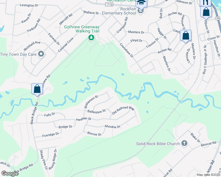 map of restaurants, bars, coffee shops, grocery stores, and more near 4445 Bishamon Street in Hope Mills