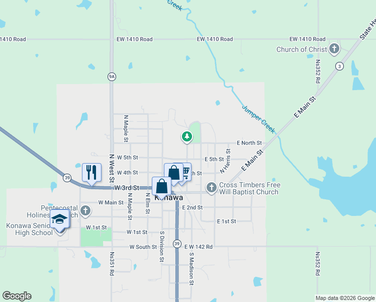 map of restaurants, bars, coffee shops, grocery stores, and more near 625 North State Street in Konawa
