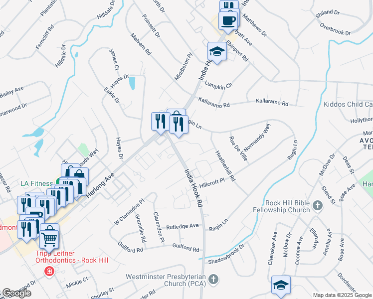 map of restaurants, bars, coffee shops, grocery stores, and more near 1876 India Hook Road in Rock Hill