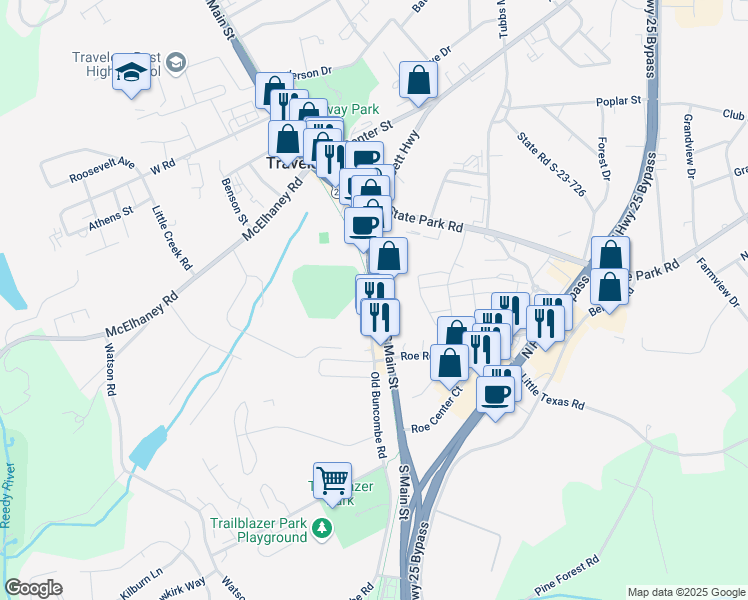 map of restaurants, bars, coffee shops, grocery stores, and more near 164 U.S. 276 in Travelers Rest