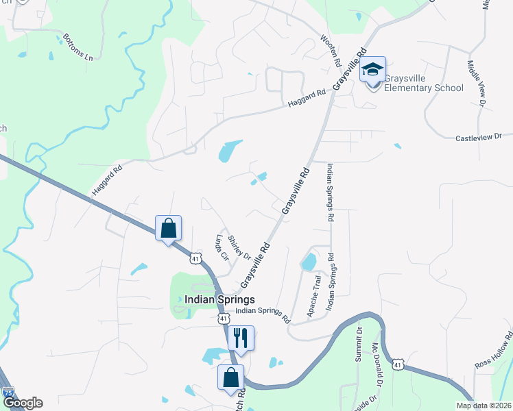 map of restaurants, bars, coffee shops, grocery stores, and more near 121 Woods Drive in Ringgold