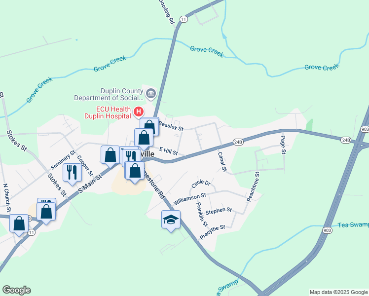 map of restaurants, bars, coffee shops, grocery stores, and more near 120 Bryan Street in Kenansville