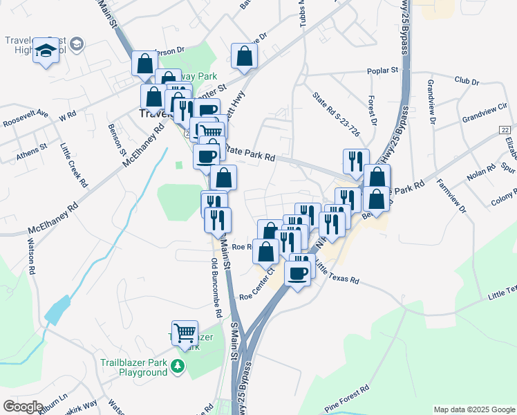 map of restaurants, bars, coffee shops, grocery stores, and more near 100 Roe Road in Travelers Rest