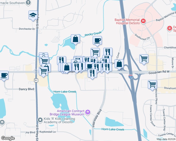 map of restaurants, bars, coffee shops, grocery stores, and more near 982 W Goodman Rd in Horn Lake