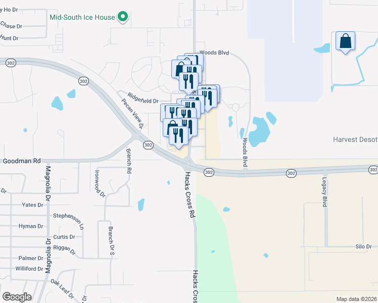 map of restaurants, bars, coffee shops, grocery stores, and more near 7095 Hacks Cross Road in Olive Branch