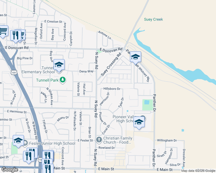 map of restaurants, bars, coffee shops, grocery stores, and more near 1629 Hillsboro Drive in Santa Maria