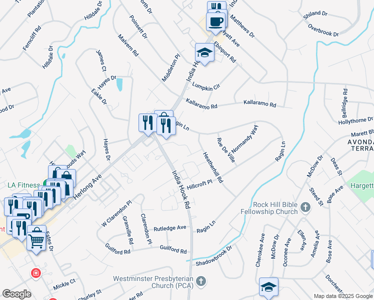 map of restaurants, bars, coffee shops, grocery stores, and more near 123 Gandalf Street in Rock Hill