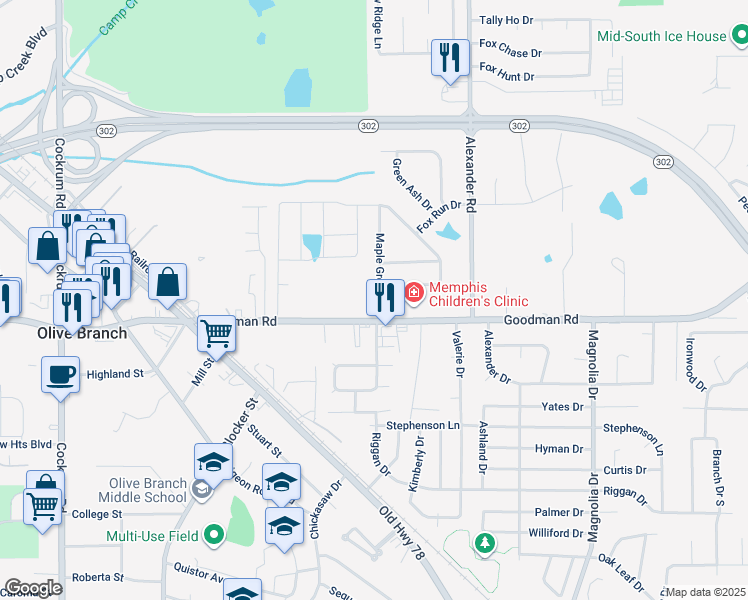 map of restaurants, bars, coffee shops, grocery stores, and more near 7051 Maple Grove Road in Olive Branch