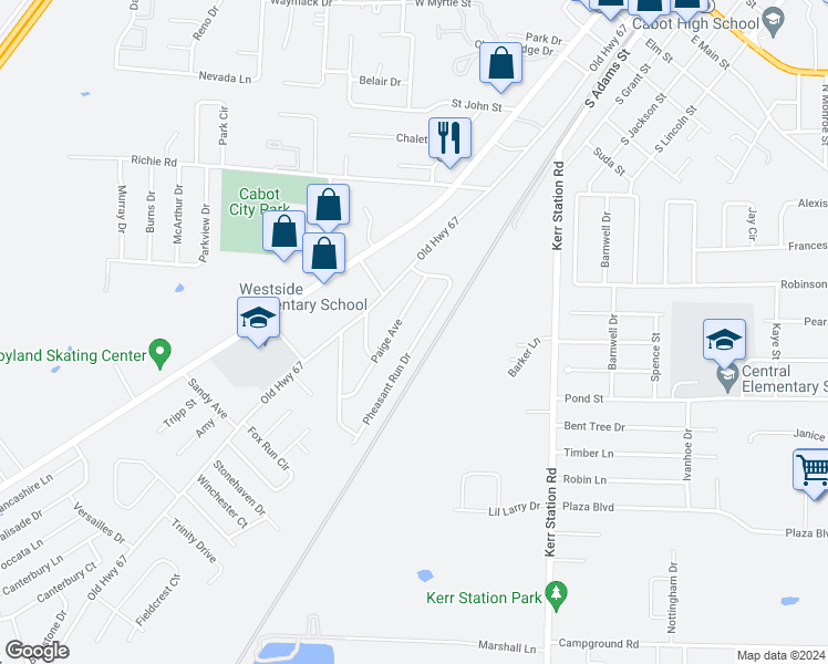 map of restaurants, bars, coffee shops, grocery stores, and more near 73 Pheasant Run Drive in Cabot