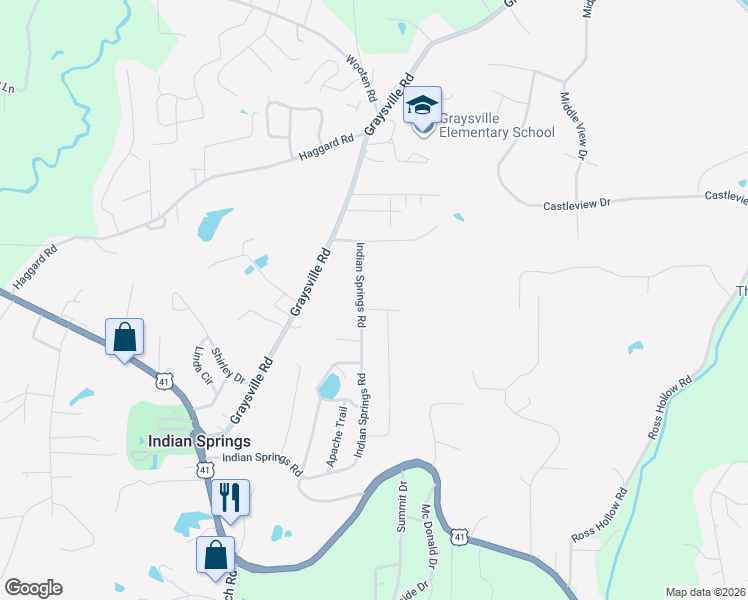 map of restaurants, bars, coffee shops, grocery stores, and more near 871 Indian Springs Road in Ringgold