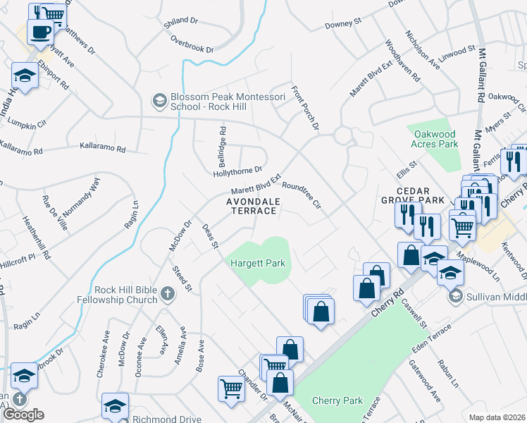 map of restaurants, bars, coffee shops, grocery stores, and more near 1597 McGill Street in Rock Hill