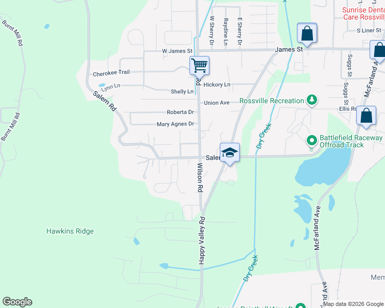 map of restaurants, bars, coffee shops, grocery stores, and more near 707 Dorothy Street in Rossville