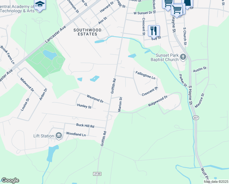 map of restaurants, bars, coffee shops, grocery stores, and more near 1419 Griffith Road in Monroe