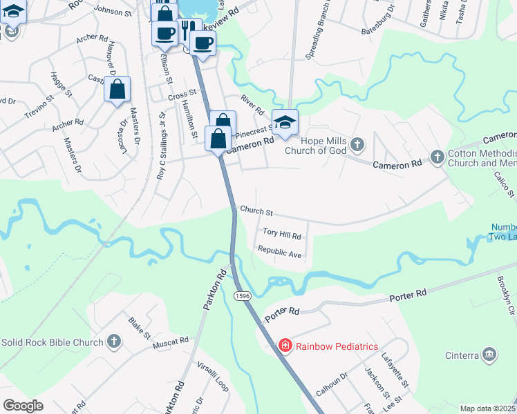 map of restaurants, bars, coffee shops, grocery stores, and more near 3700 Damien Drive in Hope Mills