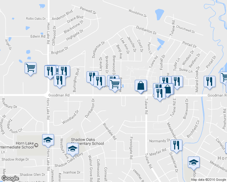 map of restaurants, bars, coffee shops, grocery stores, and more near 3419 Bayberry Drive in Horn Lake