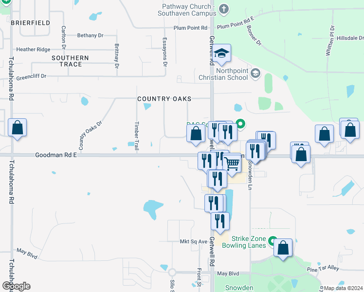 map of restaurants, bars, coffee shops, grocery stores, and more near 2845 South Broken Oak Circle in Southaven