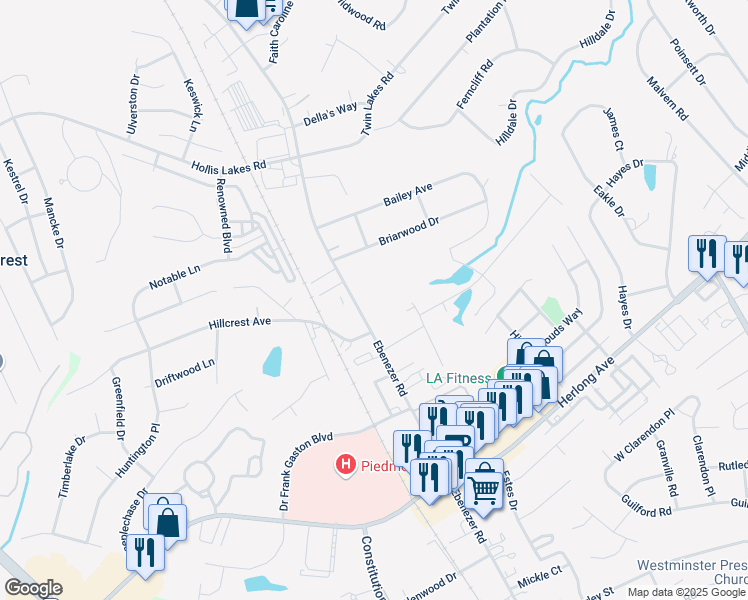 map of restaurants, bars, coffee shops, grocery stores, and more near 1920 Ebenezer Road in Rock Hill