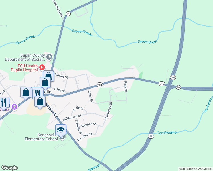 map of restaurants, bars, coffee shops, grocery stores, and more near 441 Routledge Road in Kenansville