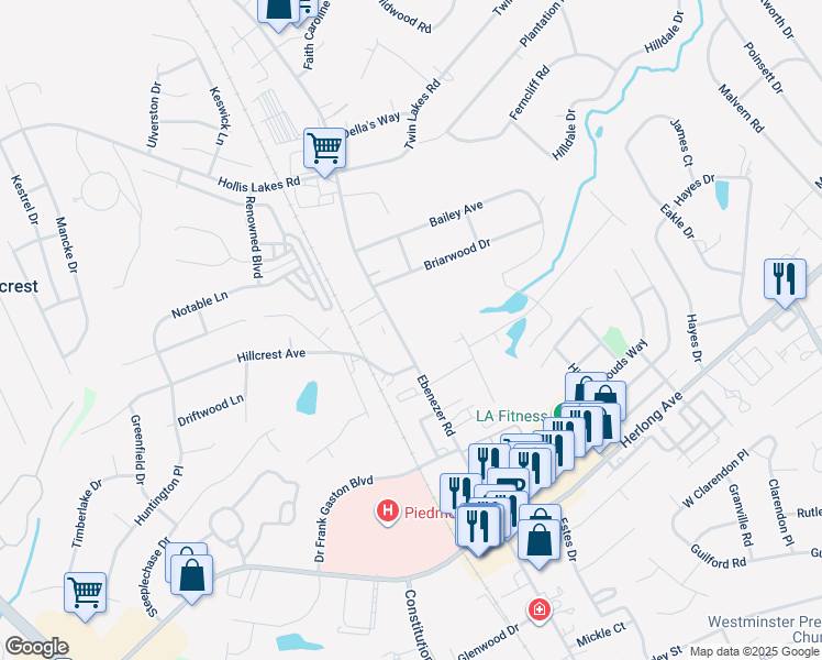 map of restaurants, bars, coffee shops, grocery stores, and more near 1920 Ebenezer Road in Rock Hill