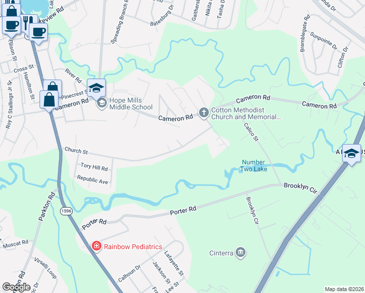map of restaurants, bars, coffee shops, grocery stores, and more near 101 Bennett Street in Hope Mills