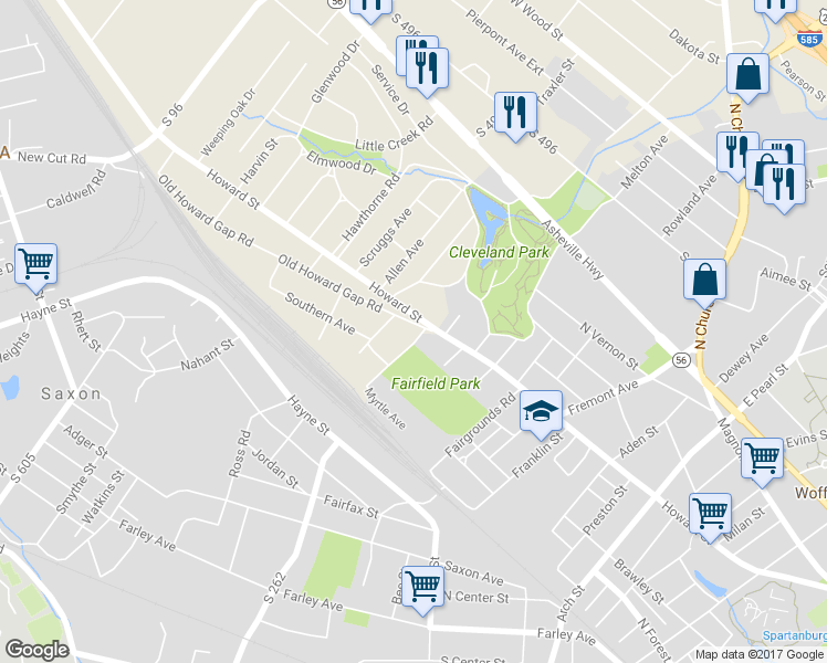map of restaurants, bars, coffee shops, grocery stores, and more near 103 Old Howard Gap Road in Spartanburg