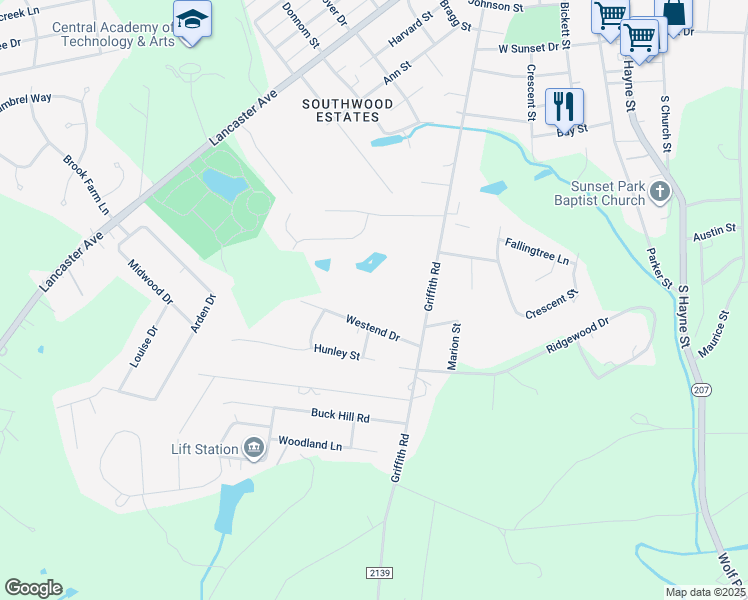map of restaurants, bars, coffee shops, grocery stores, and more near 1416 Griffith Road in Monroe