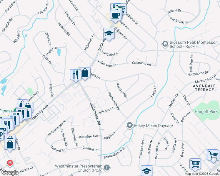 map of restaurants, bars, coffee shops, grocery stores, and more near 1135 Ragin Lane in Rock Hill