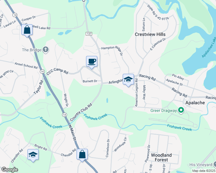 map of restaurants, bars, coffee shops, grocery stores, and more near 2 Arlington Road in Greer