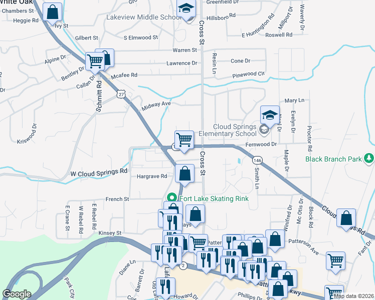 map of restaurants, bars, coffee shops, grocery stores, and more near 155 Cloud Springs Road in Rossville