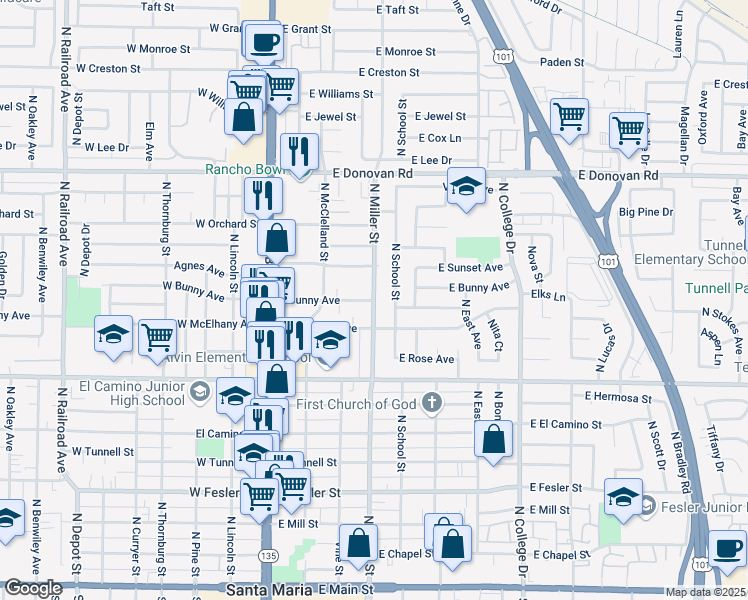 map of restaurants, bars, coffee shops, grocery stores, and more near 1101 North Miller Street in Santa Maria