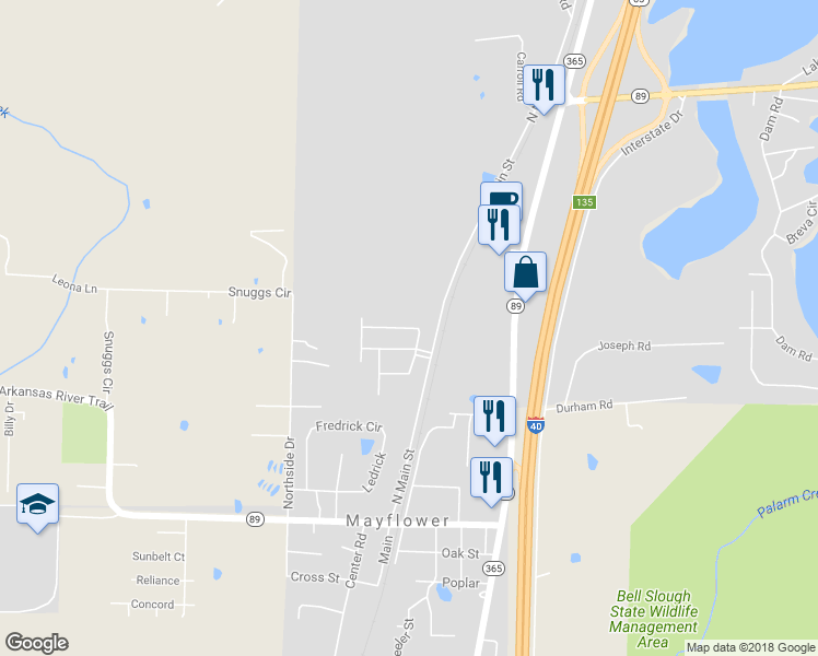 map of restaurants, bars, coffee shops, grocery stores, and more near 16 North Starlite Road in Mayflower