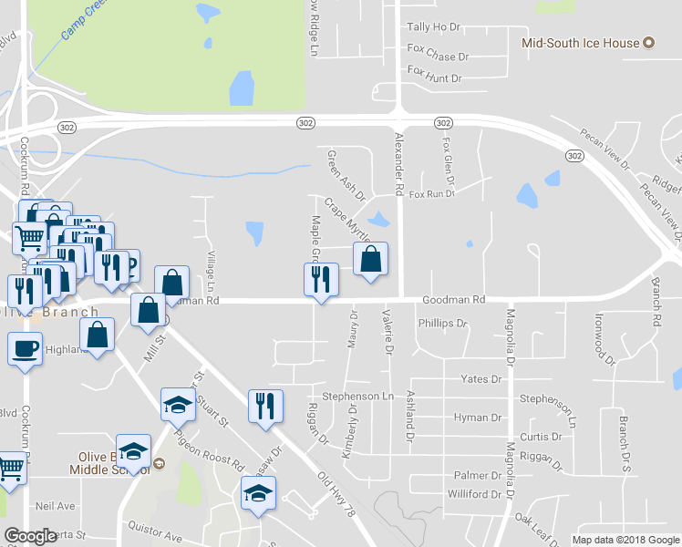 map of restaurants, bars, coffee shops, grocery stores, and more near 9841 Southern Oak Way in Olive Branch