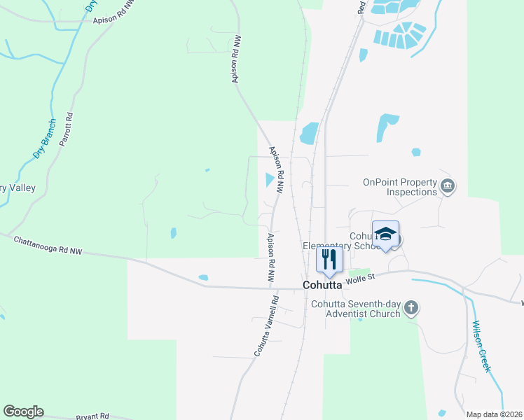 map of restaurants, bars, coffee shops, grocery stores, and more near 5263 Apison Road Northwest in Cohutta