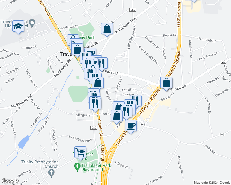 map of restaurants, bars, coffee shops, grocery stores, and more near 100 South Main Street in Travelers Rest