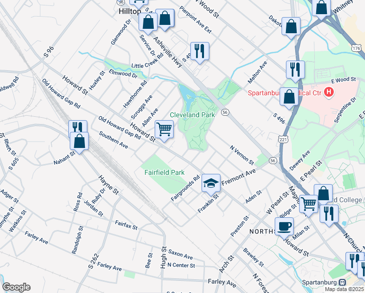 map of restaurants, bars, coffee shops, grocery stores, and more near 204 South Cleveland Park Drive in Spartanburg