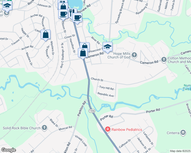 map of restaurants, bars, coffee shops, grocery stores, and more near 3700 Damien Drive in Hope Mills