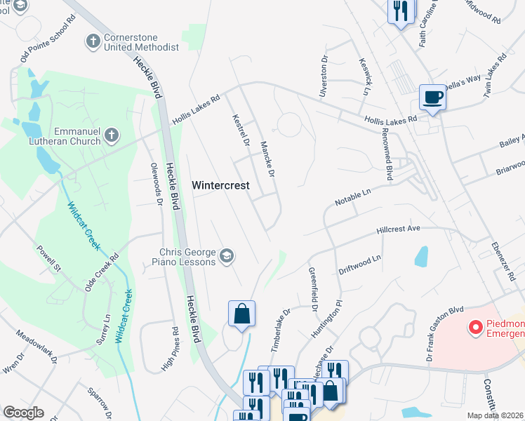 map of restaurants, bars, coffee shops, grocery stores, and more near 2362 Mancke Drive in Rock Hill