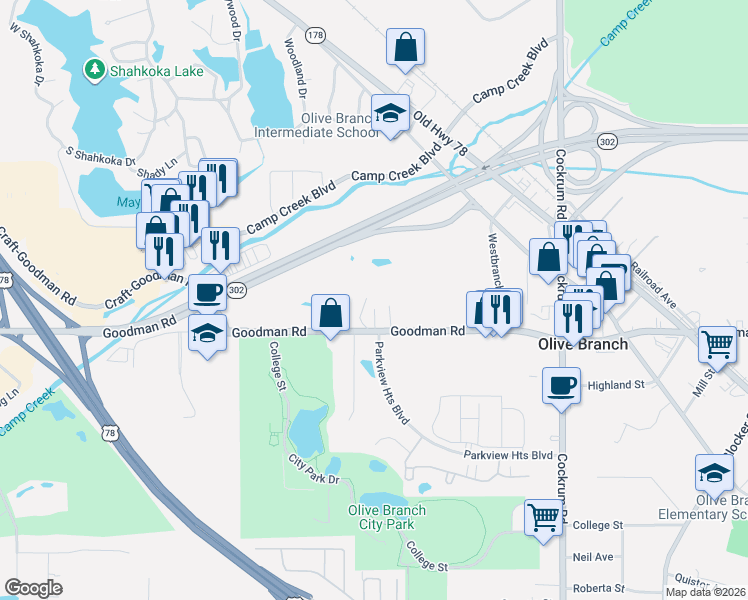 map of restaurants, bars, coffee shops, grocery stores, and more near 8568 Goodman Road in Olive Branch
