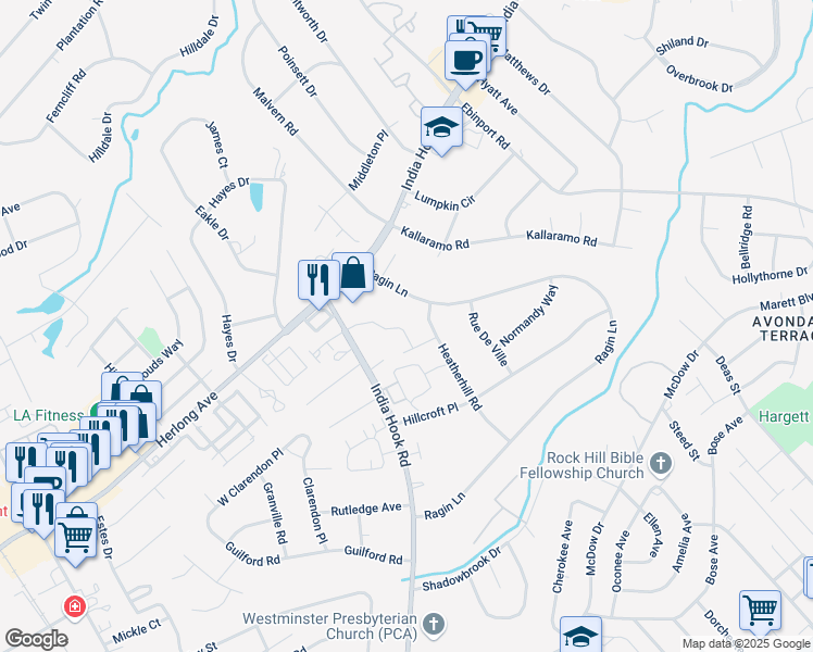 map of restaurants, bars, coffee shops, grocery stores, and more near 123 Gandalf Street in Rock Hill
