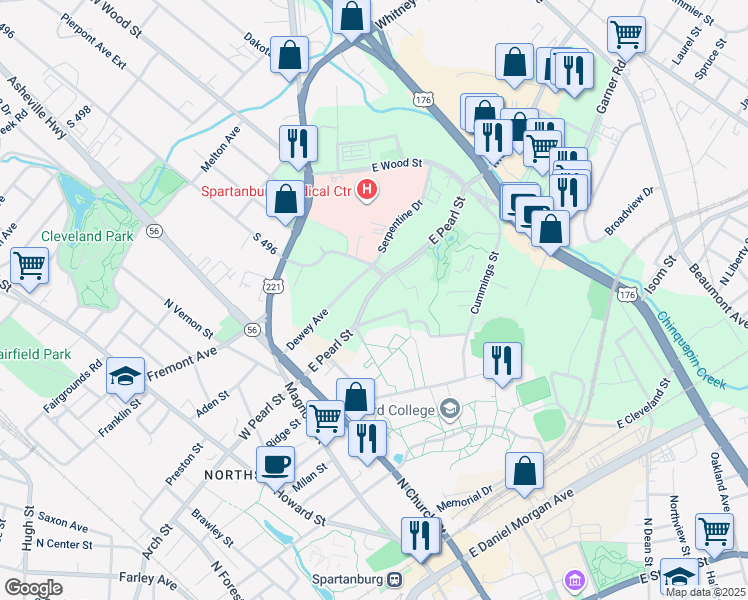 map of restaurants, bars, coffee shops, grocery stores, and more near 235 East Pearl Street in Spartanburg