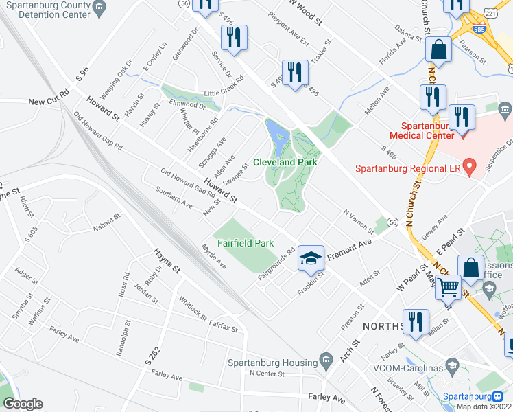 map of restaurants, bars, coffee shops, grocery stores, and more near 905 Howard Street in Spartanburg