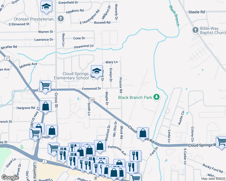map of restaurants, bars, coffee shops, grocery stores, and more near 314 Fernwood Drive in Rossville