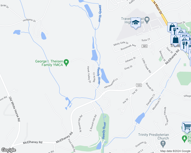 map of restaurants, bars, coffee shops, grocery stores, and more near 18 Macle Court in Travelers Rest