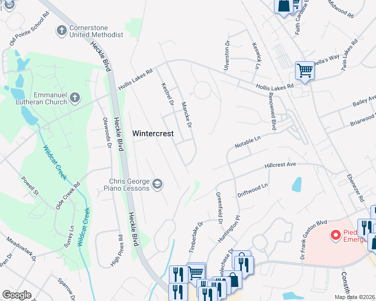 map of restaurants, bars, coffee shops, grocery stores, and more near 2362 Mancke Drive in Rock Hill