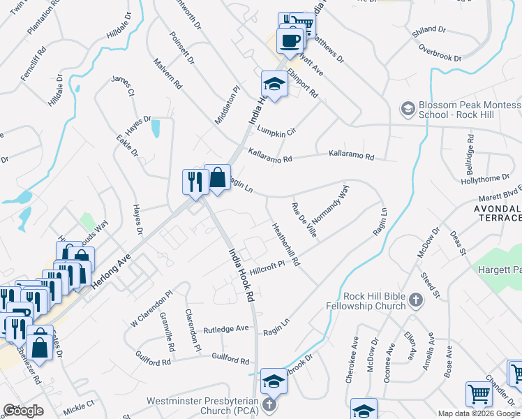 map of restaurants, bars, coffee shops, grocery stores, and more near 123 Gandalf Street in Rock Hill