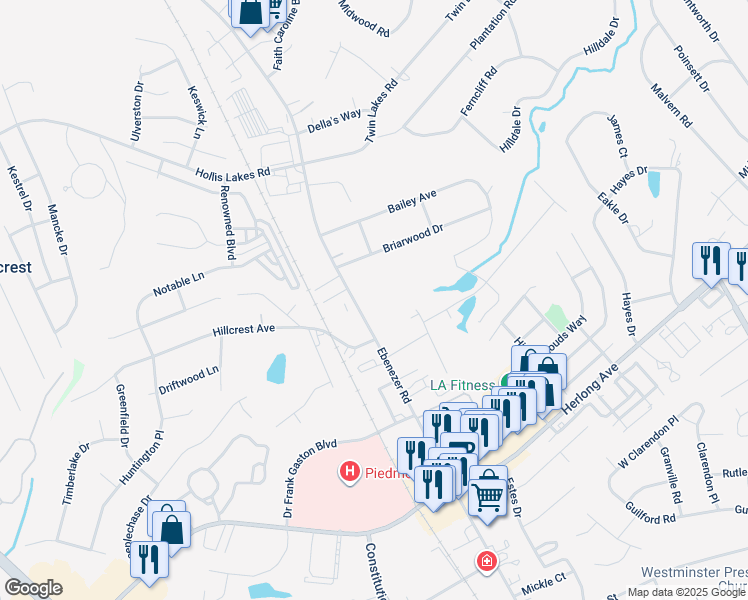 map of restaurants, bars, coffee shops, grocery stores, and more near 1920 Ebenezer Road in Rock Hill