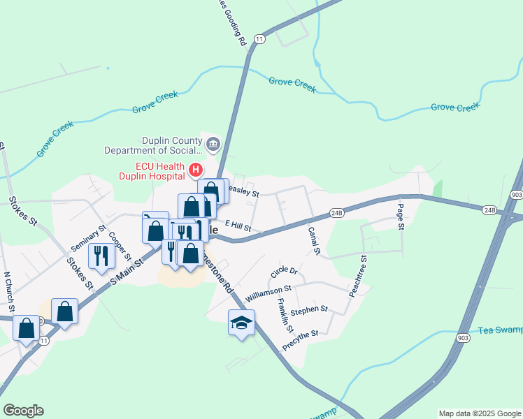 map of restaurants, bars, coffee shops, grocery stores, and more near 120 Bryan Street in Kenansville