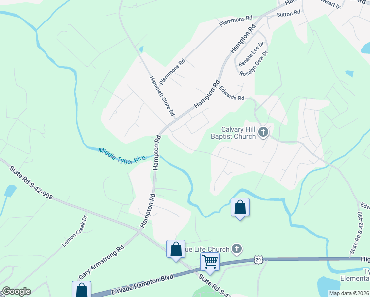 map of restaurants, bars, coffee shops, grocery stores, and more near 150 Hampton Road in Lyman