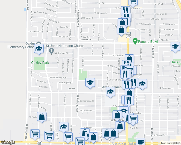 map of restaurants, bars, coffee shops, grocery stores, and more near 1026 Rosalind Drive in Santa Maria