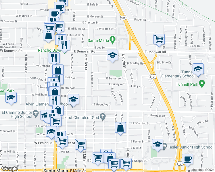 map of restaurants, bars, coffee shops, grocery stores, and more near 608 East Bunny Avenue in Santa Maria
